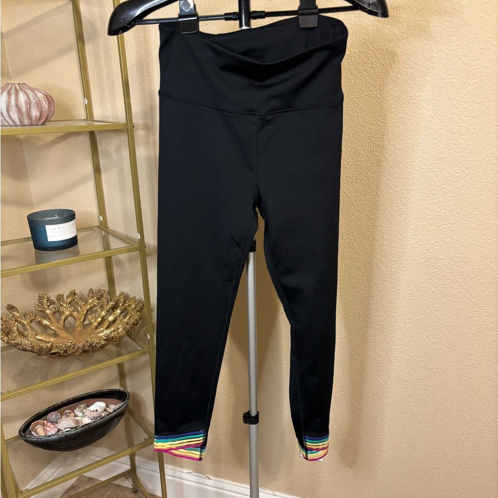 Marika Black High Waisted Leggings Rainbow‎ Ankle Cuffs Zipper Pocket